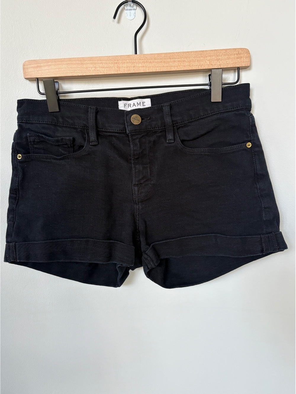FRAME Denim Le Cutoff Cuffed Jean Shorts Black Noir Stretch Size 26